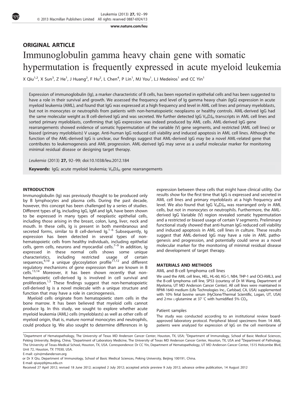 Immunoglobulin Gamma Heavy Chain Gene with Somatic Hypermutation Is Frequently Expressed in Acute Myeloid Leukemia