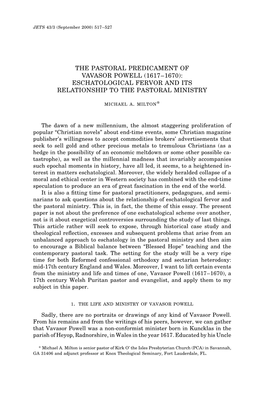 The Pastoral Predicament of Vavasor Powell (1617–1670): Eschatological Fervor and Its Relationship to the Pastoral Ministry Michael A