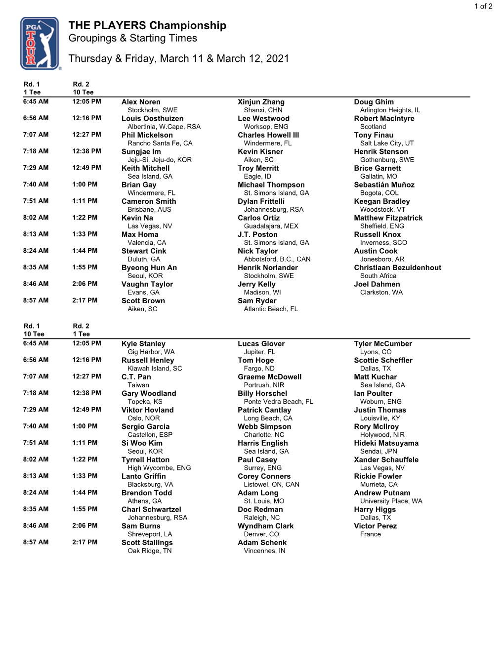 THE PLAYERS Championship Groupings & Starting Times Thursday & Friday, March 11 & March 12, 2021