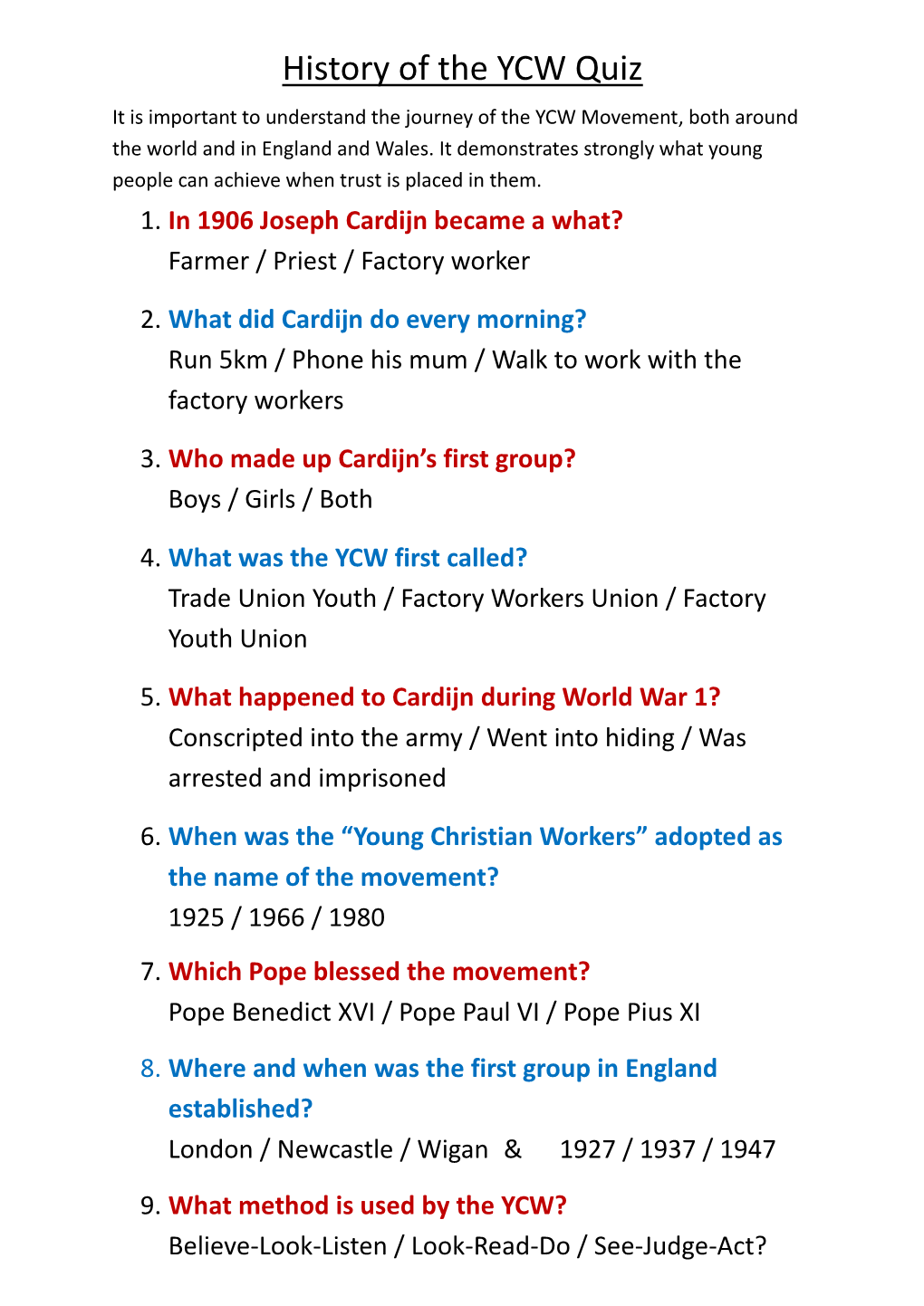 History of the YCW Quiz It Is Important to Understand the Journey of the YCW Movement, Both Around the World and in England and Wales