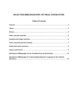 Selected Bibliography of Oral Literature
