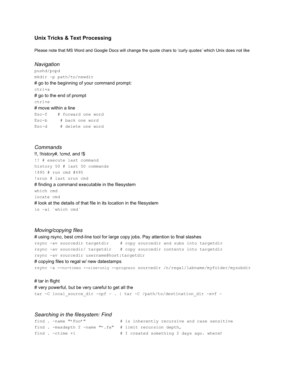 Unix Tricks & Text Processing Navigation Commands Moving