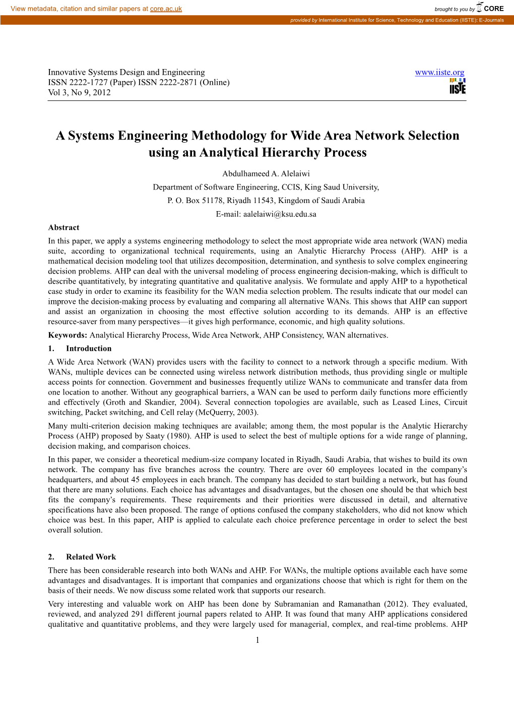A Systems Engineering Methodology for Wide Area Network Selection Using an Analytical Hierarchy Process