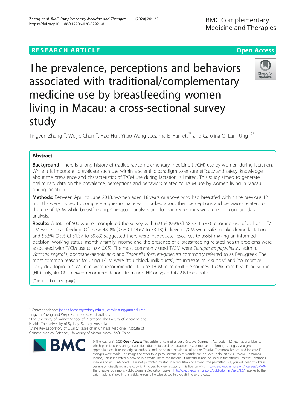 The Prevalence, Perceptions and Behaviors Associated with Traditional/Complementary Medicine Use by Breastfeeding Women Living I