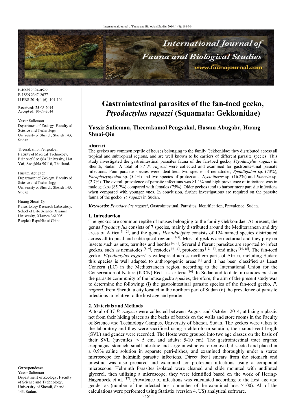 Gastrointestinal Parasites of the Fan-Toed Gecko, Ptyodactylus Ragazzi