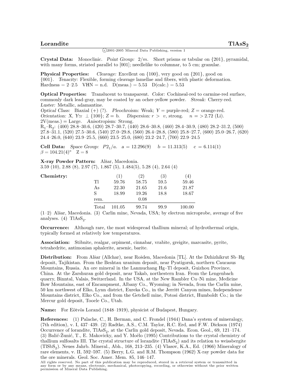 Lorandite Tlass2 C 2001-2005 Mineral Data Publishing, Version 1 Crystal Data: Monoclinic