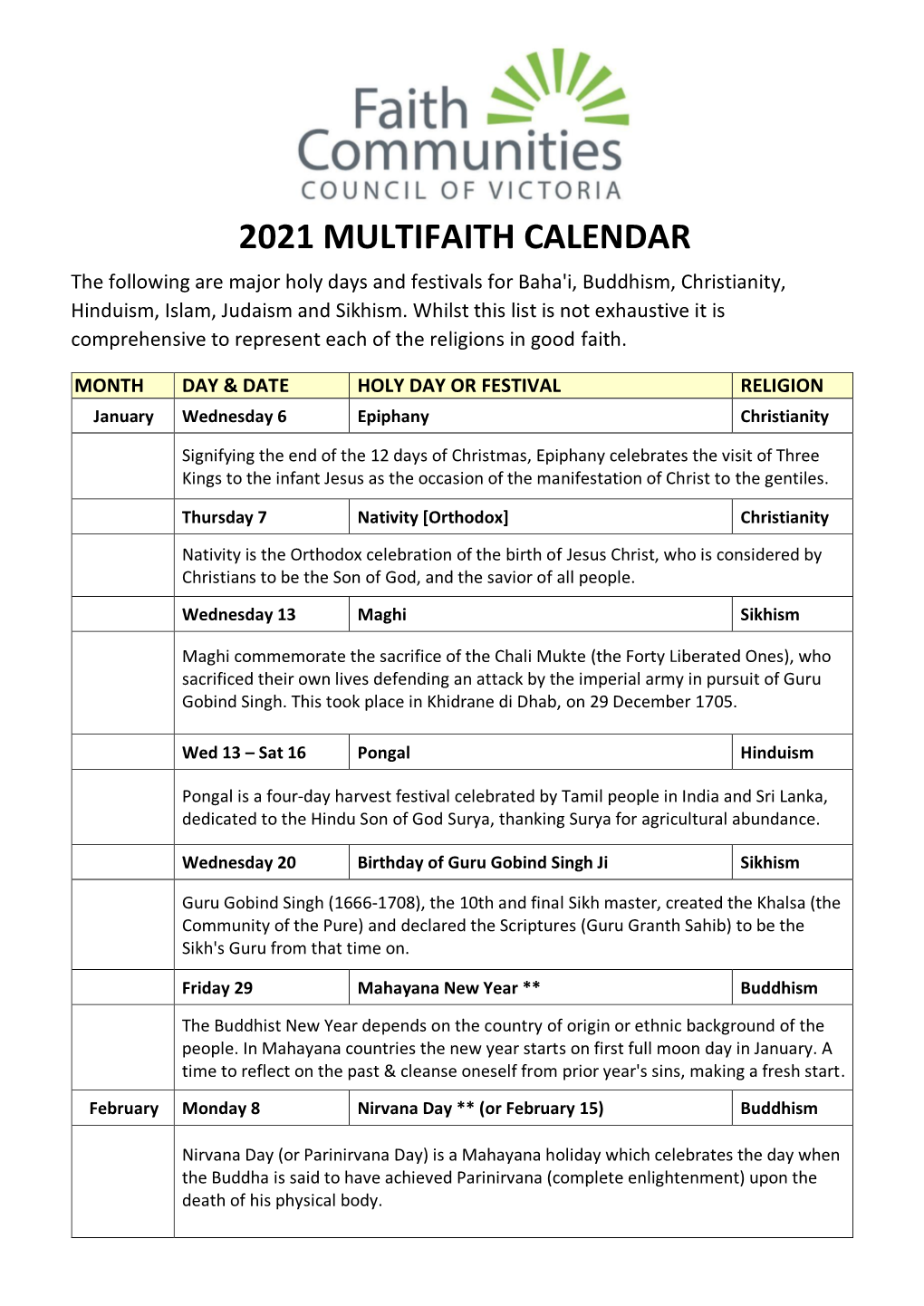 To View 2021 Multifaith Calendar