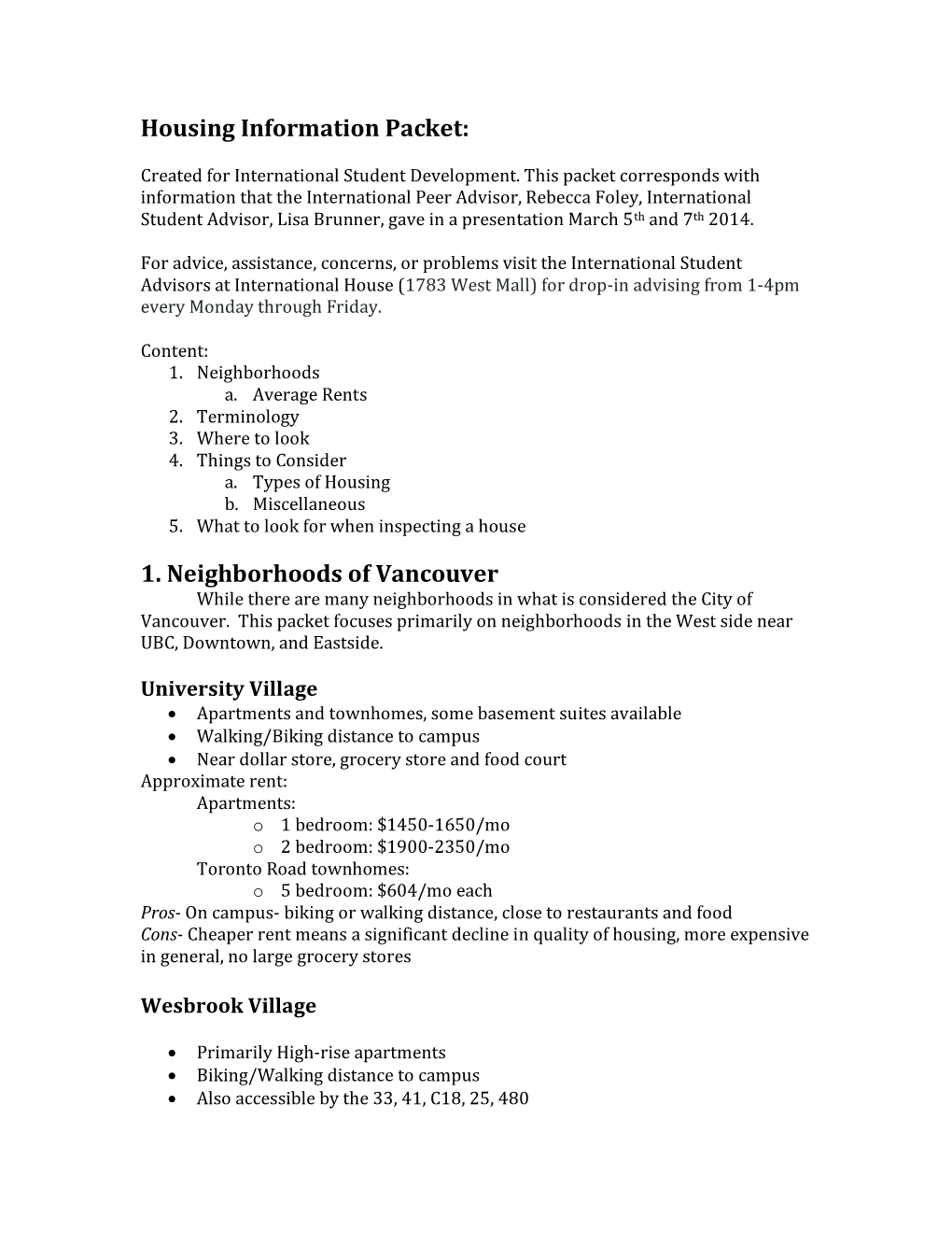 Housing Information Packet: 1. Neighborhoods of Vancouver