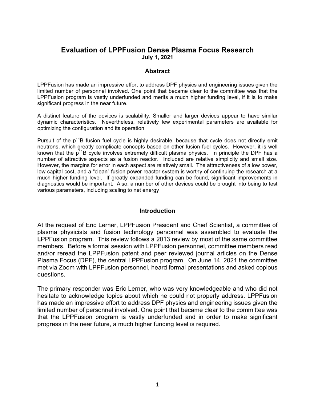 Evaluation of Lppfusion Dense Plasma Focus Research July 1, 2021