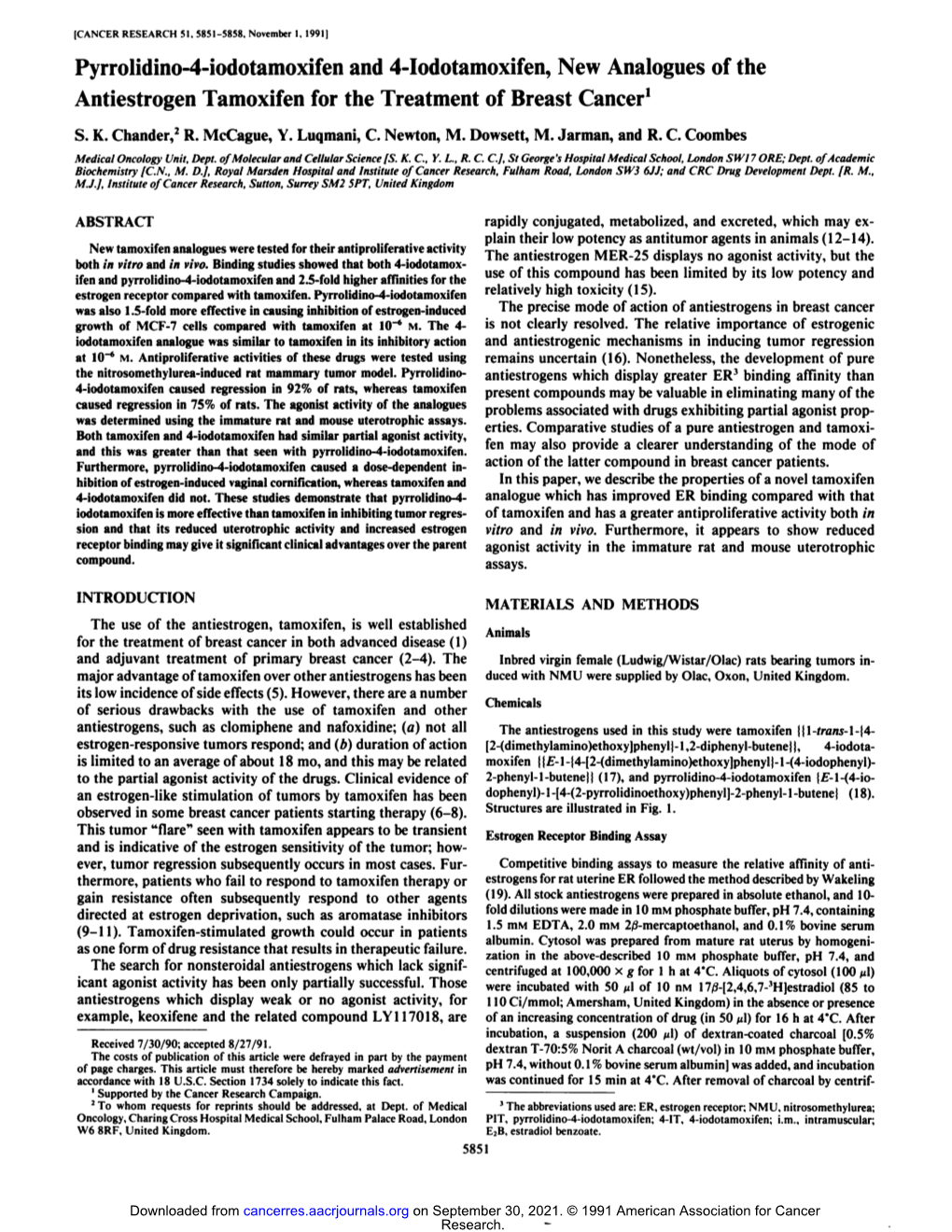 Pyrrolidino-4-Iodotamoxifen and 4-Iodotamoxifen, New Analogues of the Antiestrogen Tamoxifen for the Treatment of Breast Cancer1