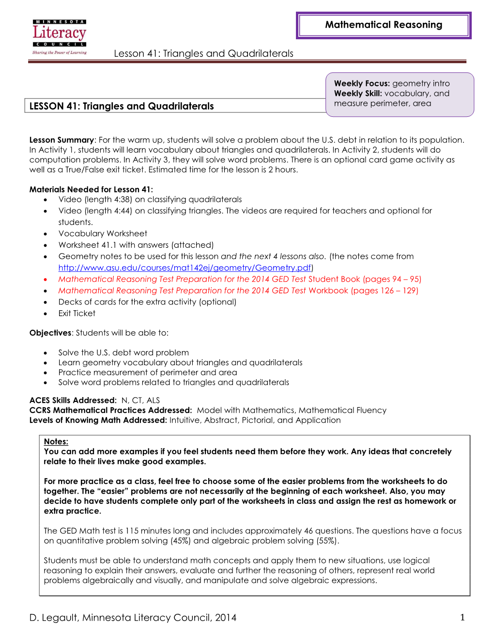 Lesson 41: Triangles and Quadrilaterals D. Legault