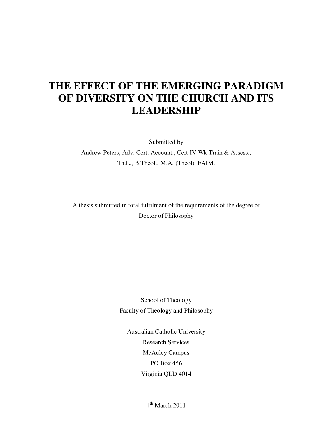 The Effect of the Emerging Paradigm of Diversity on the Church and Its Leadership