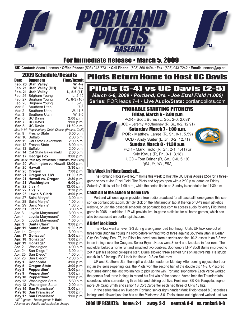 3-5-09 Vs UC Davis Release.Indd