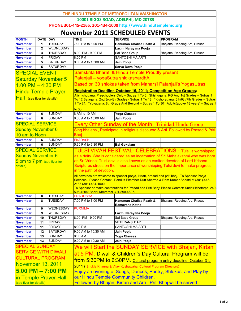 November 2011 SCHEDULED EVENTS