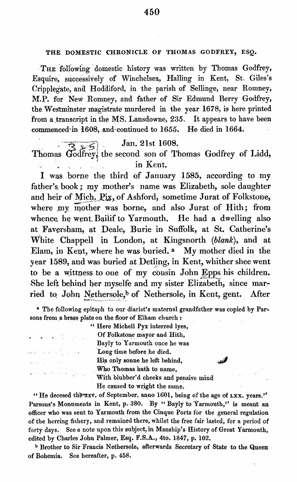 450 · , ·--~·-··;;:G) . Jan. 21St 1608. Thomas Jocifi·Eyi the Second Son of Thomas Godfrey of Lidd, ..., . in Kent. I