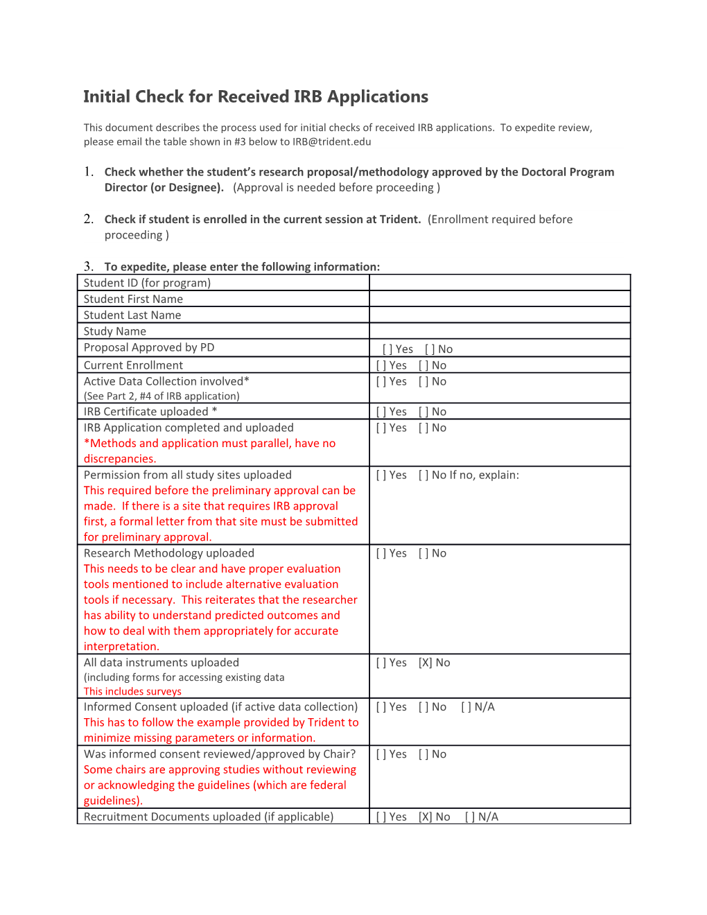 Initial Check for Received IRB Applications