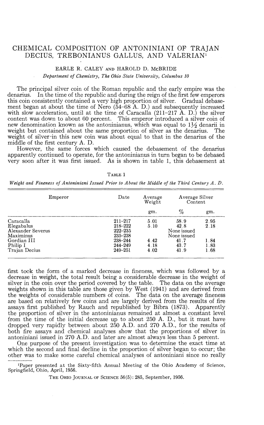 Chemical Composition of Antoniniani of Trajan Decius, Trebonianus Gallus, and Valerian1