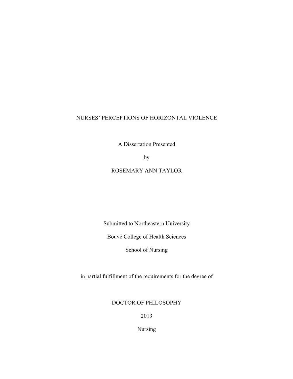 Nurses' Perceptions of Horizontal Violence