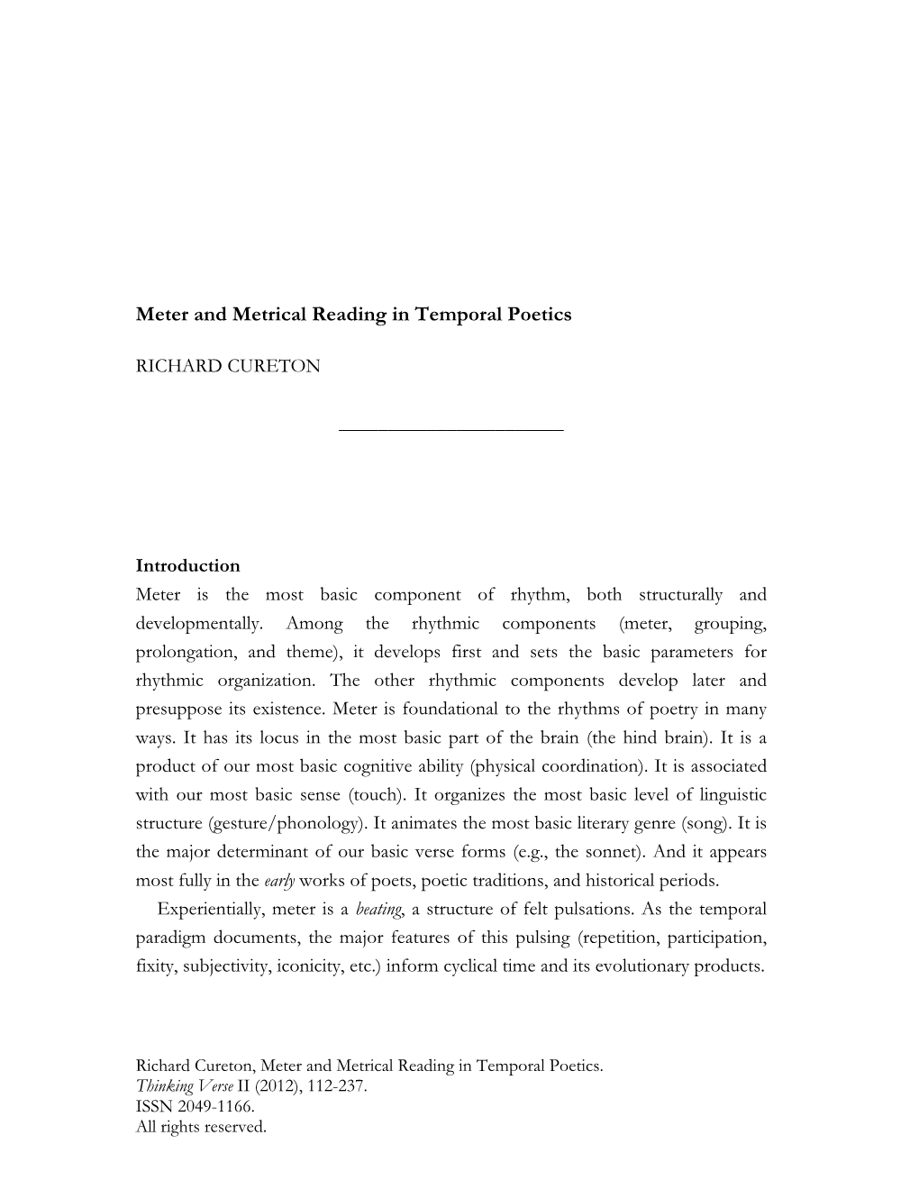 Richard Cureton, 'Meter and Metrical Reading in Temporal Poetics'