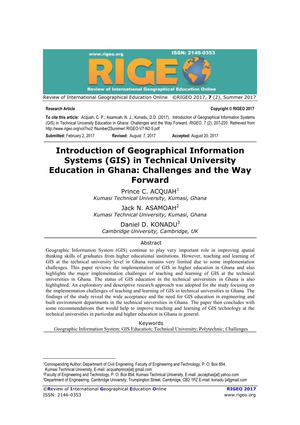 Introduction of Geographical Information Systems (GIS) in Technical University Education in Ghana: Challenges and the Way Forward