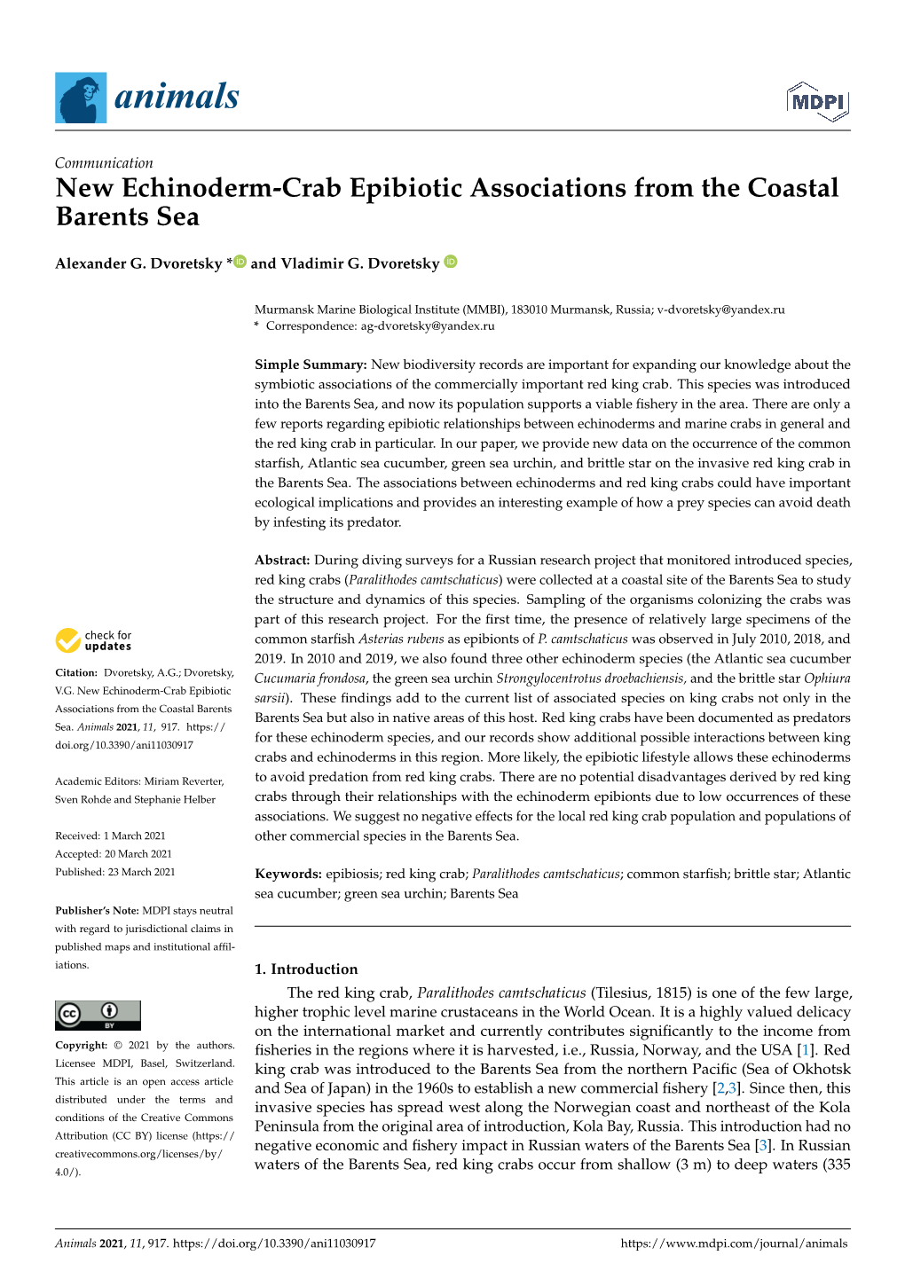 New Echinoderm-Crab Epibiotic Associations from the Coastal Barents Sea