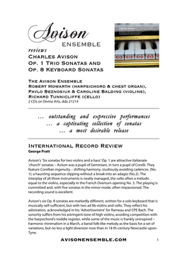 Avisonensemble.Com Reviews Charles Avison Op. 1 Trio Sonatas and Op