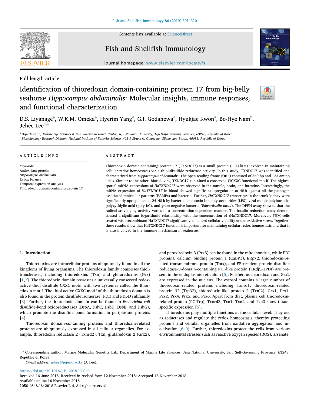 Identification of Thioredoxin Domain-Containing Protein 17 from Big-Belly Seahorse Hippocampus Abdominalis Molecular Insights