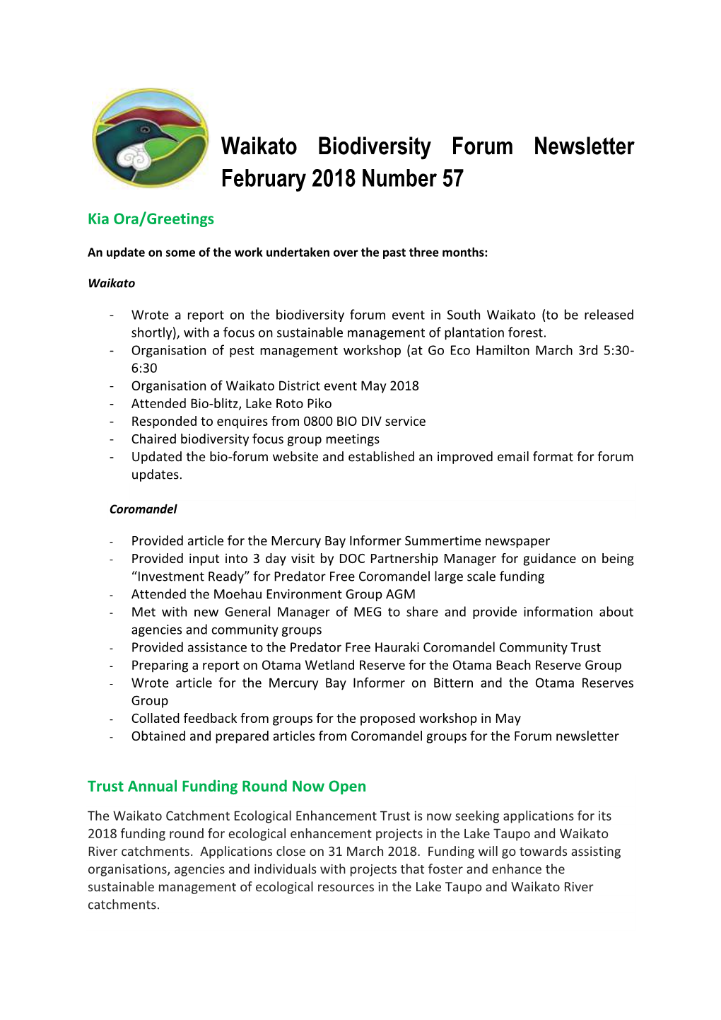 Waikato Biodiversity Forum Newsletter February 2018 Number 57