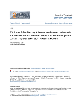 A Voice for Public Memory: a Comparison Between the Memorial Practices in India and the United States of America to Propose a Su