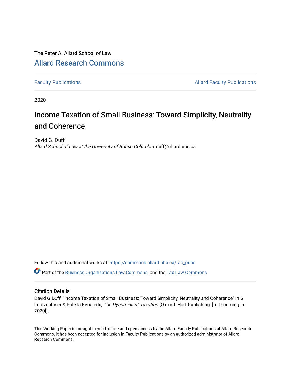 Income Taxation of Small Business: Toward Simplicity, Neutrality and Coherence