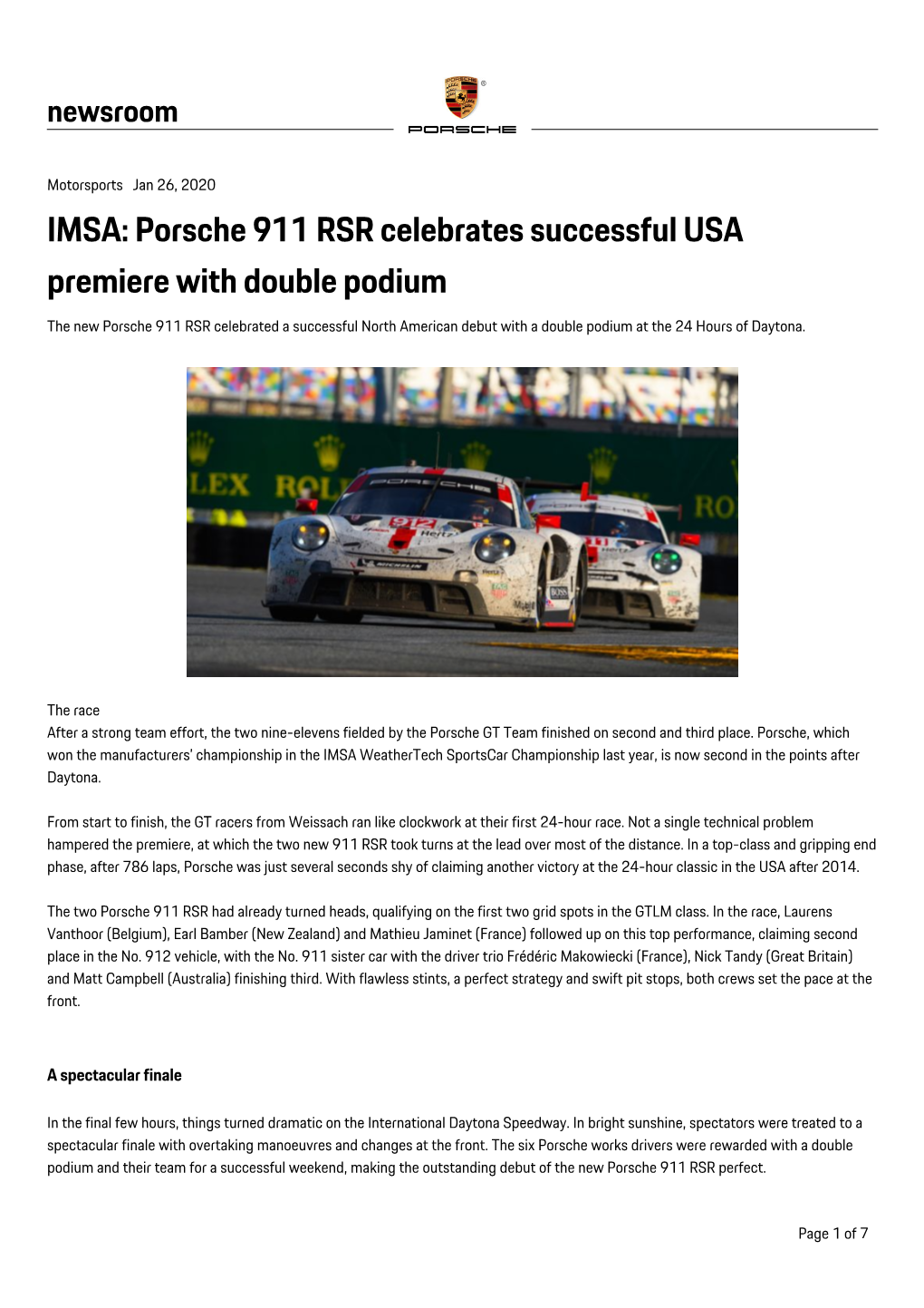 IMSA: Porsche 911 RSR Celebrates Successful USA Premiere With