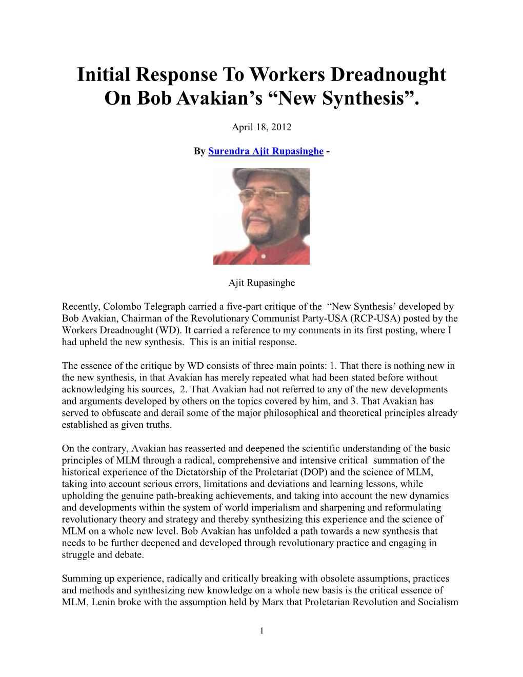 Initial Response to Workers Dreadnought on Bob Avakian's