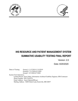 Summative Usability Testing Summary Report Version: 2.0 Page 1 of 39 IHS Resource and Patient Management System