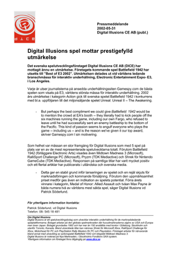 Digital Illusions Spel Mottar Prestigefylld Utmärkelse