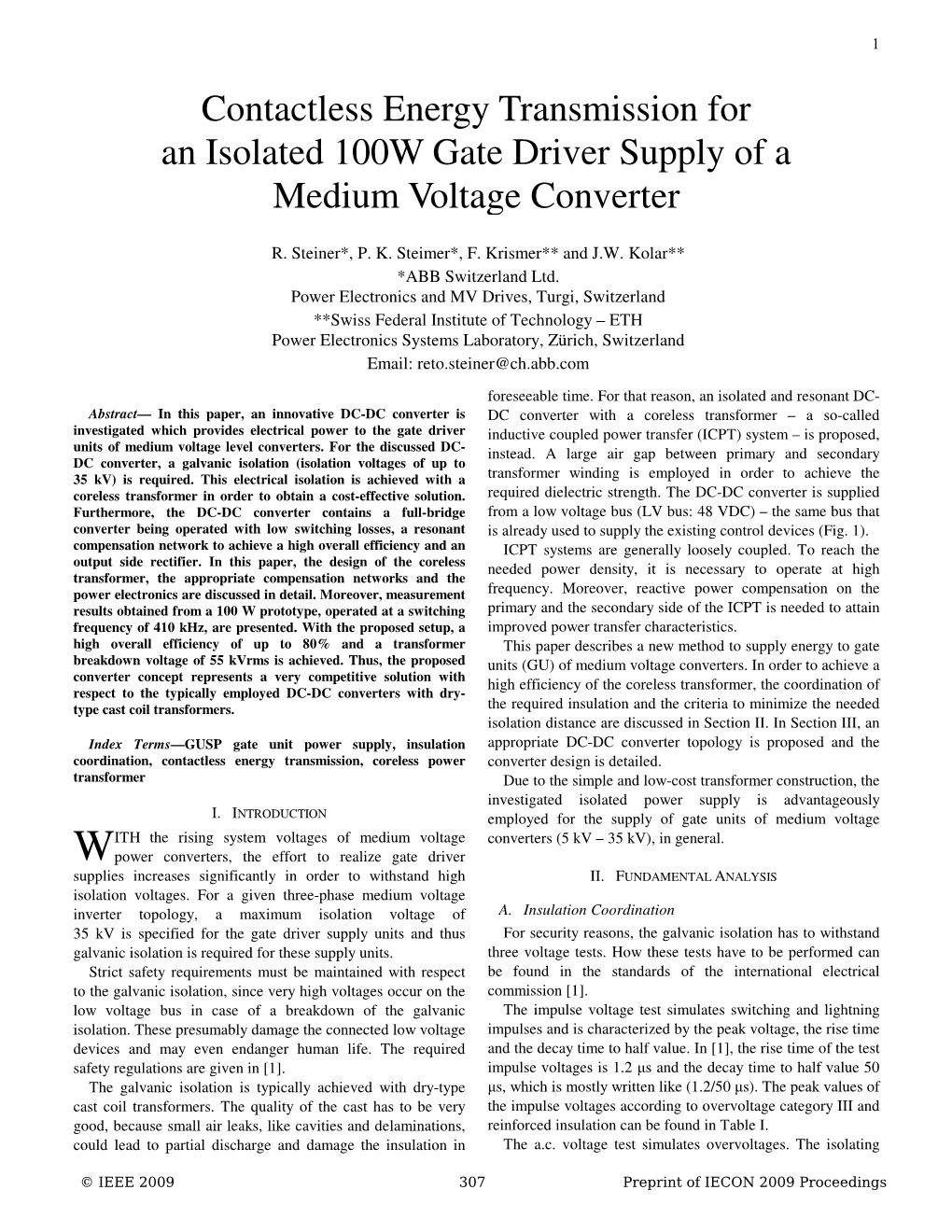 Contactless Energy Transmission for an Isolated 100W Gate Driver Supply of a Medium Voltage Converter