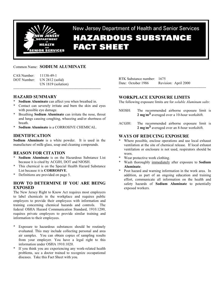 Sodium Aluminate Hazard Summary Identification