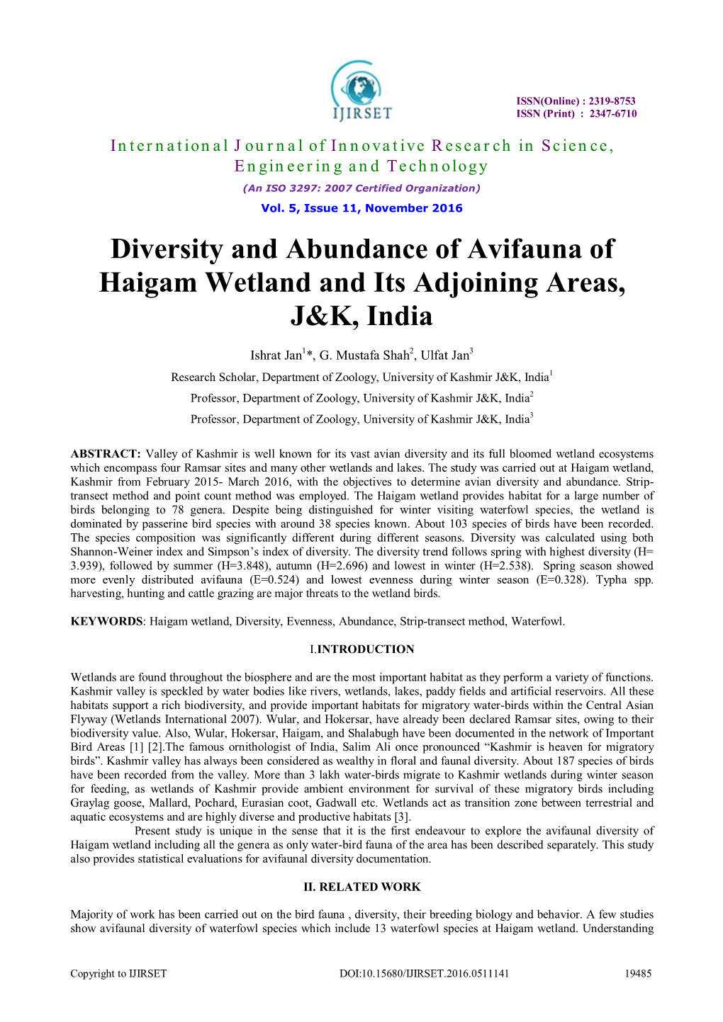 Diversity and Abundance of Avifauna of Haigam Wetland and Its Adjoining Areas, J&K, India