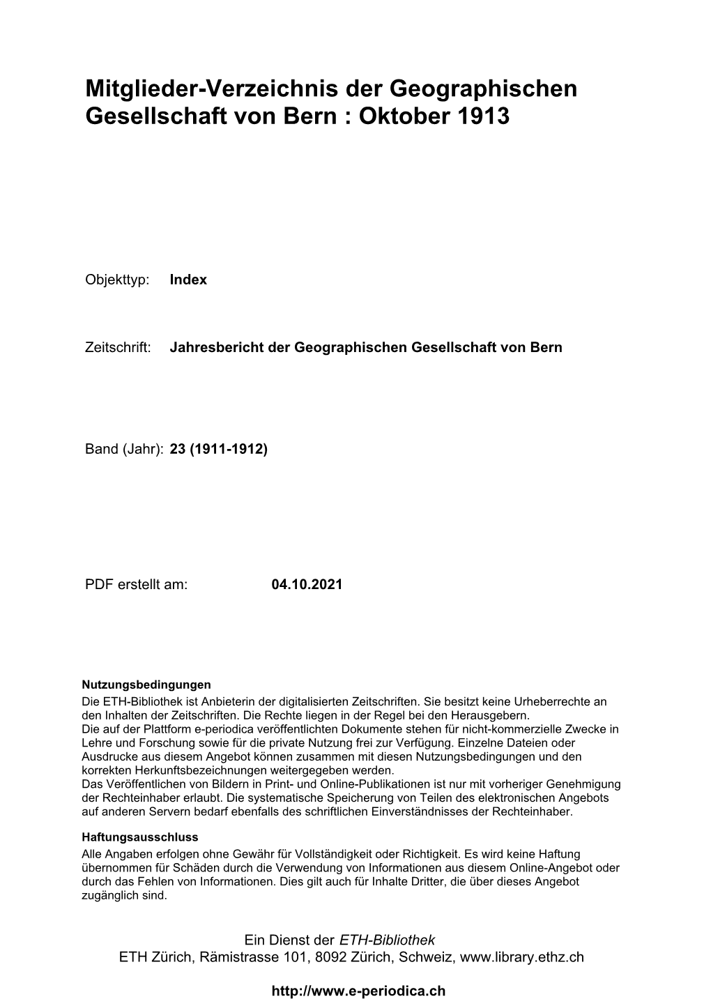 Mitglieder-Verzeichnis Der Geographischen Gesellschaft Von Bern : Oktober 1913