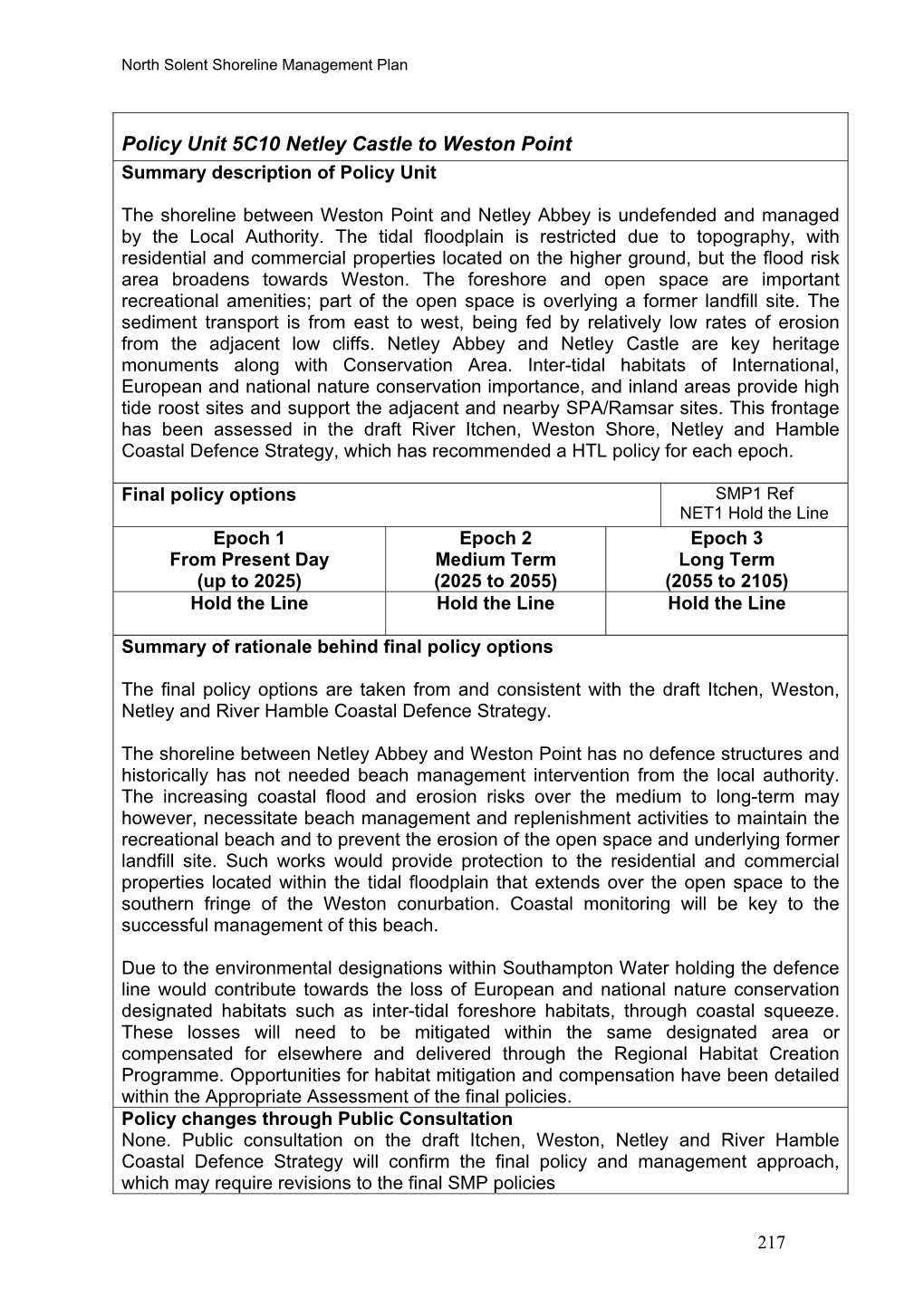 5C10 Netley Castle to Weston Point Summary Description of Policy Unit