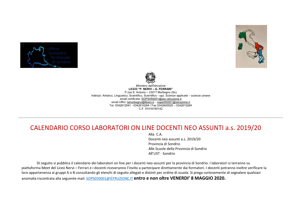 CALENDARIO CORSO LABORATORI on LINE DOCENTI NEO ASSUNTI A.S
