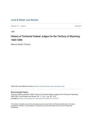 History of Territorial Federal Judges for the Territory of Wyoming: 1869-1890