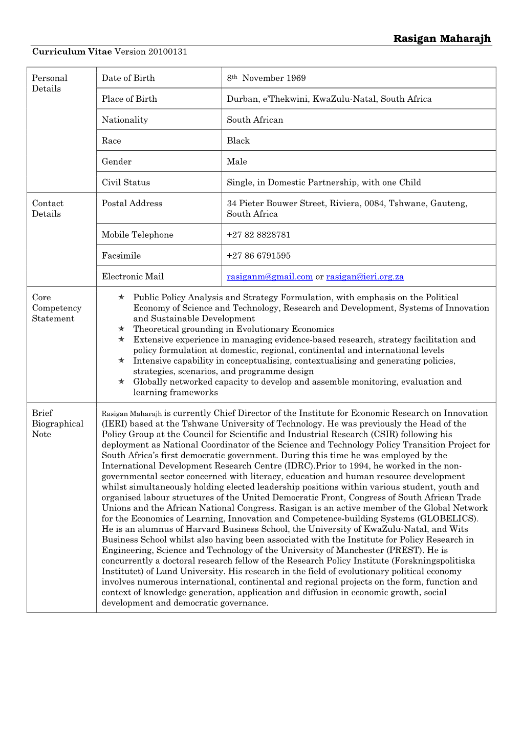 Rasigan Maharajh Curriculum Vitae Version 20100131