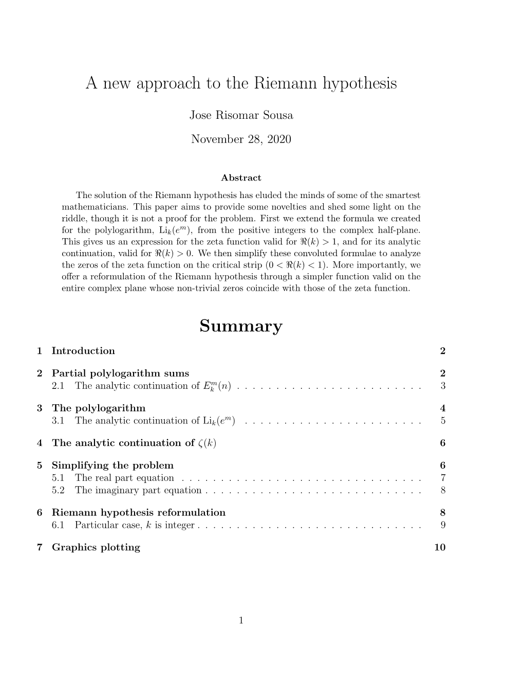 A New Approach to the Riemann Hypothesis Summary