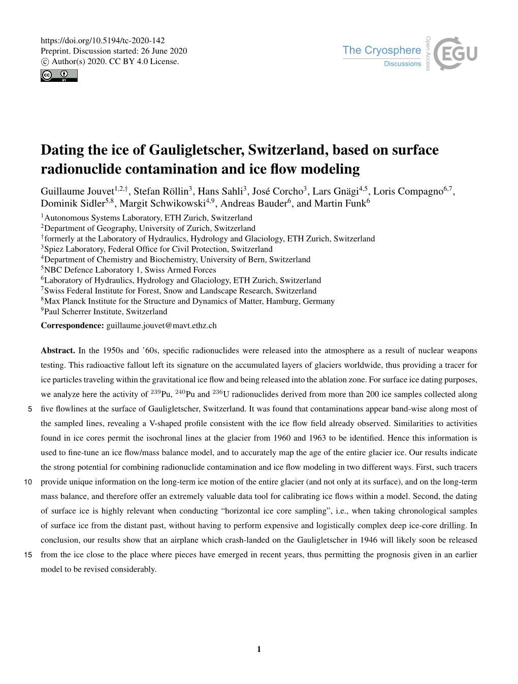 Dating the Ice of Gauligletscher, Switzerland, Based on Surface Radionuclide Contamination and Ice ﬂow Modeling