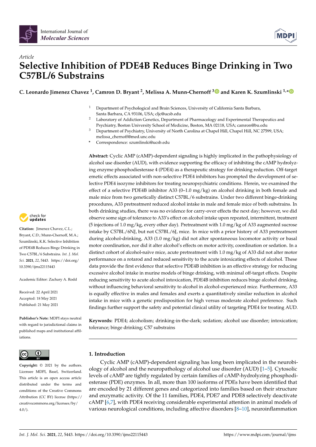 Selective Inhibition of PDE4B Reduces Binge Drinking in Two C57BL/6 Substrains