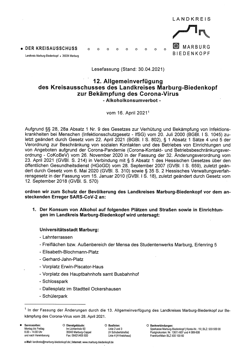 12. Allgemeinverfügung Des Kreisausschusses Des Landkreises Marburg-Biedenkopf Zur Bekämpfung Des Corona-Virus - Alkoholkonsumverbot