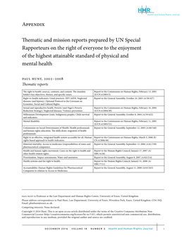 Appendix Thematic and Mission Reports Prepared by UN Special