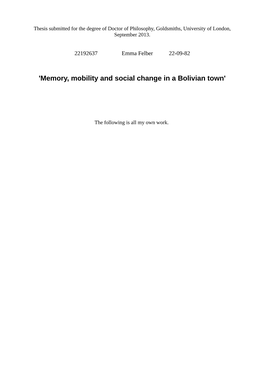 'Memory, Mobility and Social Change in a Bolivian Town'
