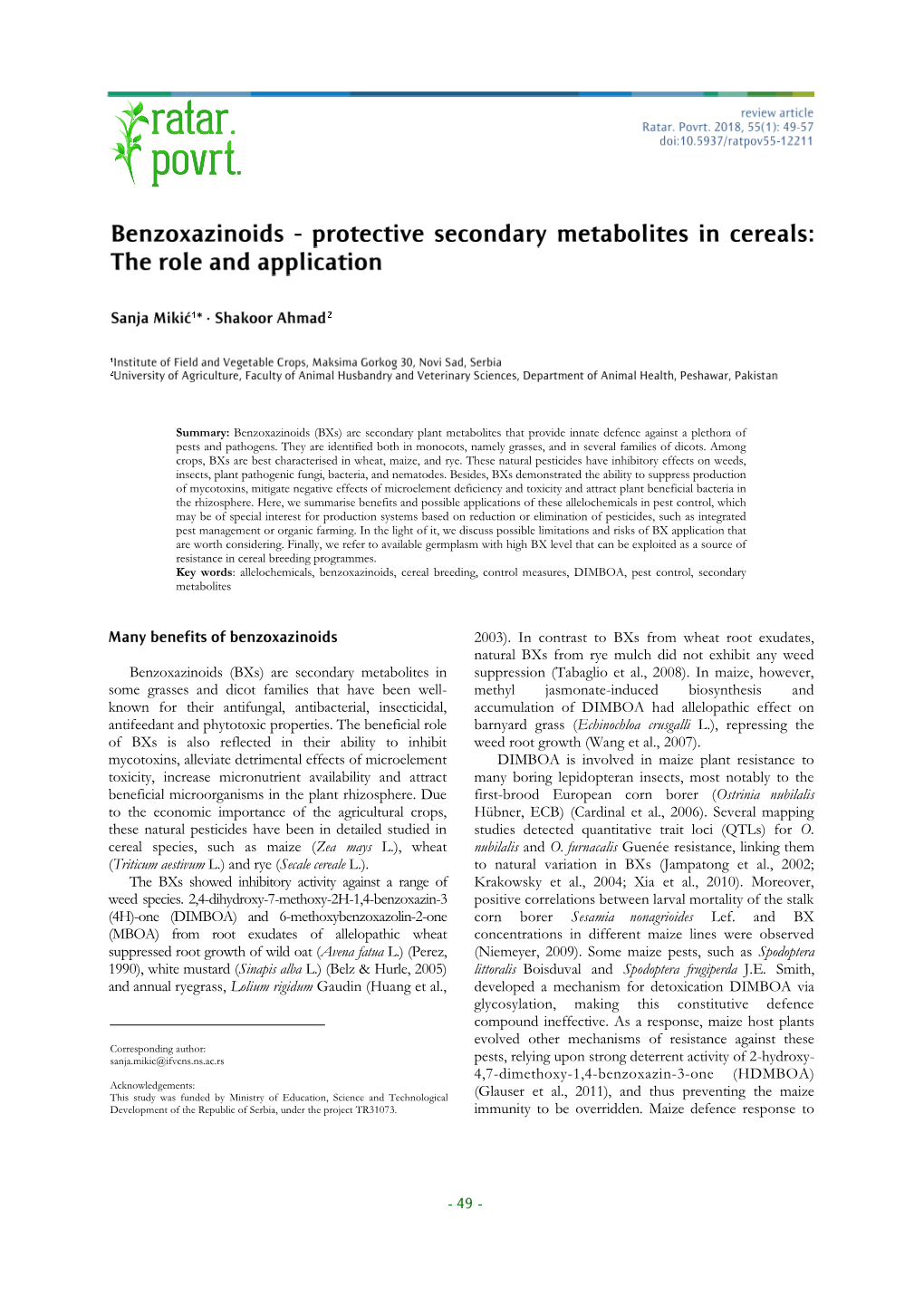 Benzoxazinoids (Bxs) Are Secondary Metabolites in Some Grasses And