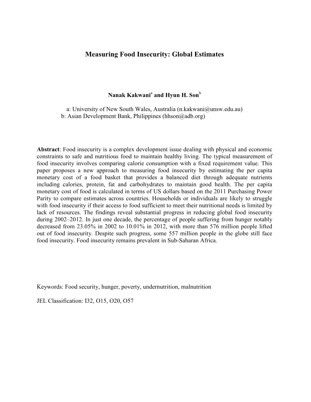 Measuring Food Insecurity: Global Estimates